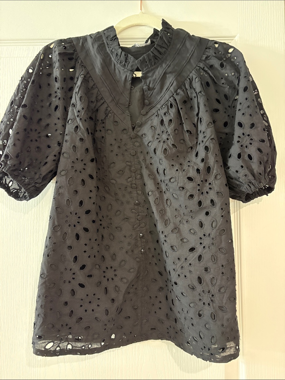 Black Eyelet Puff-Sleeve Button-Down Top